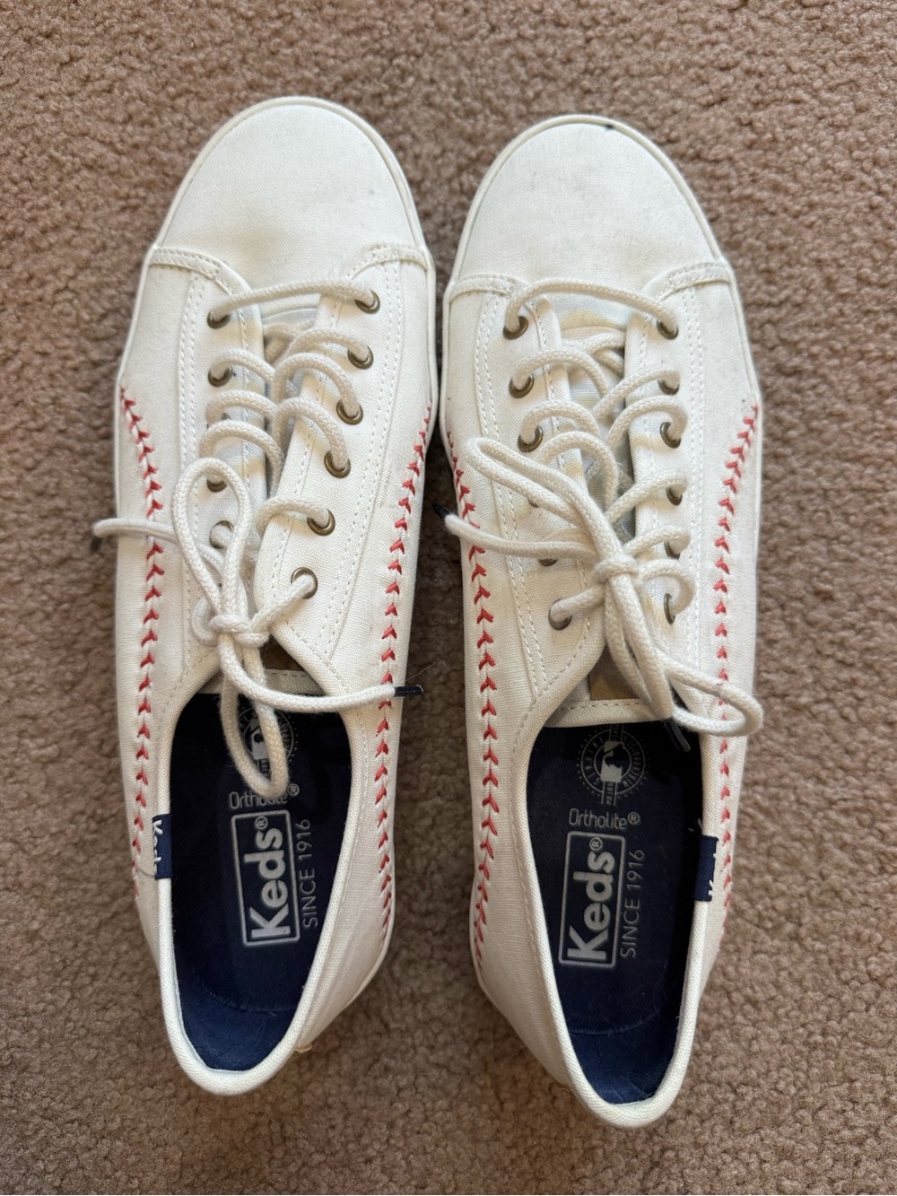 Keds White Canvas Lace-Up Sneakers with Red Stitching